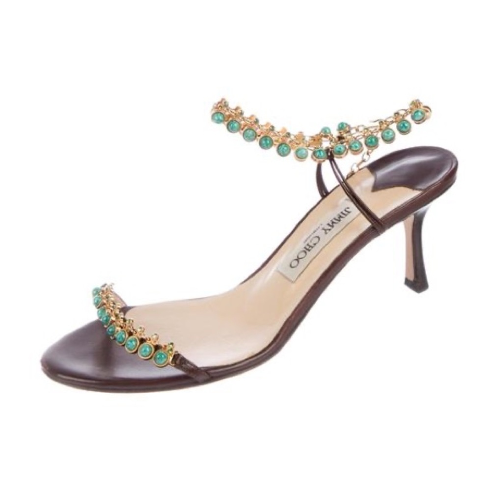 Jimmy Choo Turquoise Jeweled Brown Kitten Heels